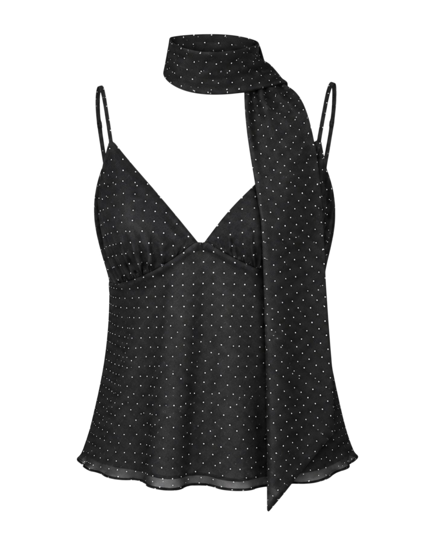 Polka Dot Black Top with Scarf Detail – Women’s Printed Blouse with Neck Tie