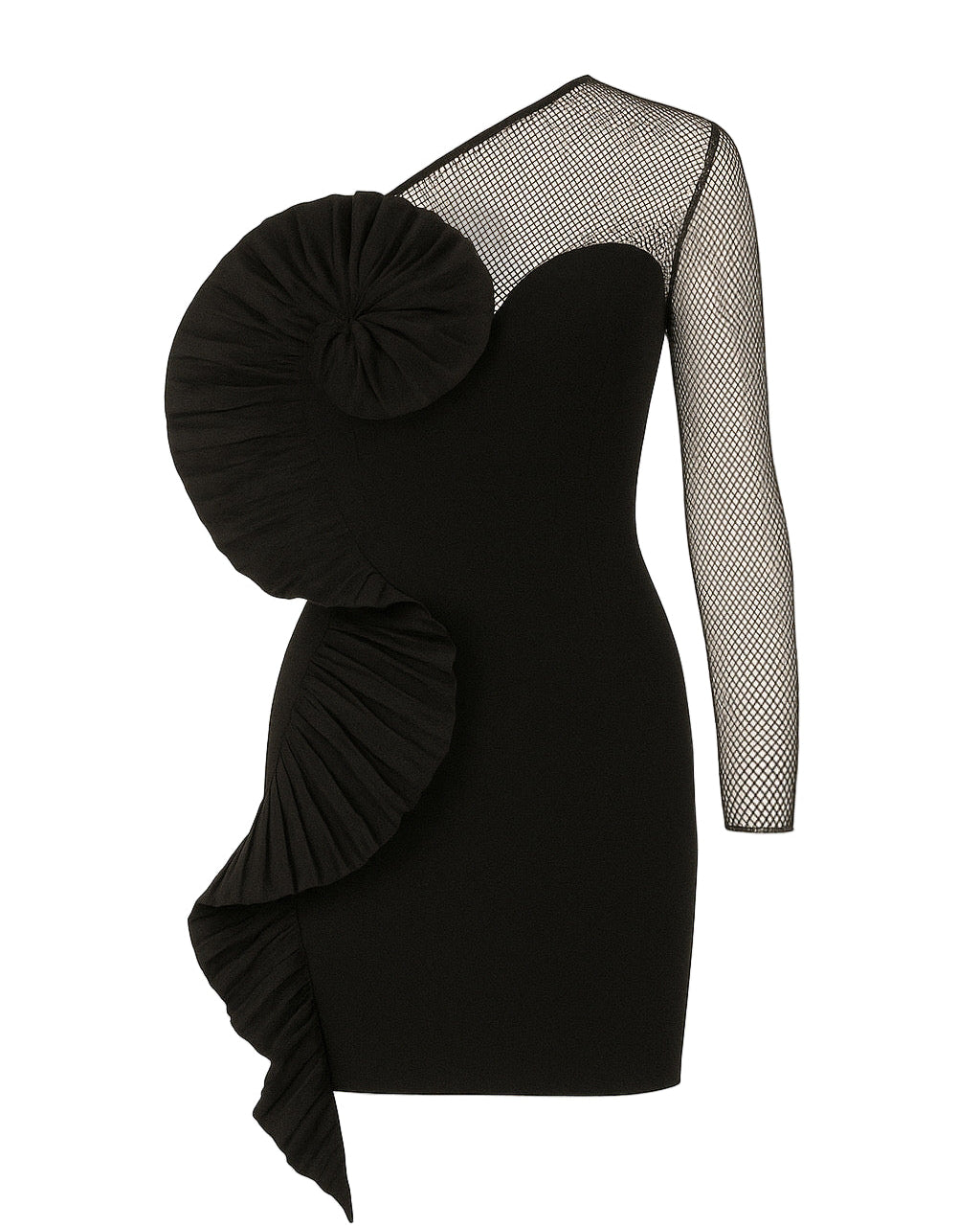 ONE SHOULDER MINI DRESS WITH PLEATED DECOR AND MESH DETAIL
