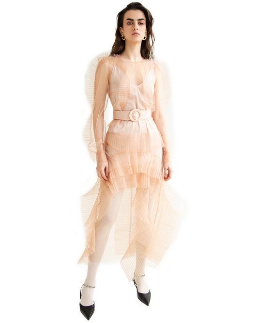 TULLE LONG DRESS WITH PLEATED DÉCOR NUDE