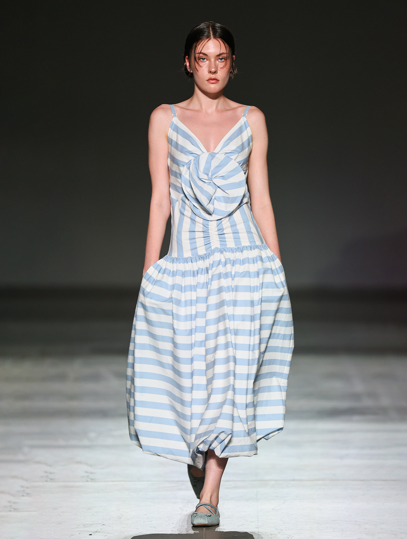 Sleeveless Midi Dress in Blue and White Stripe