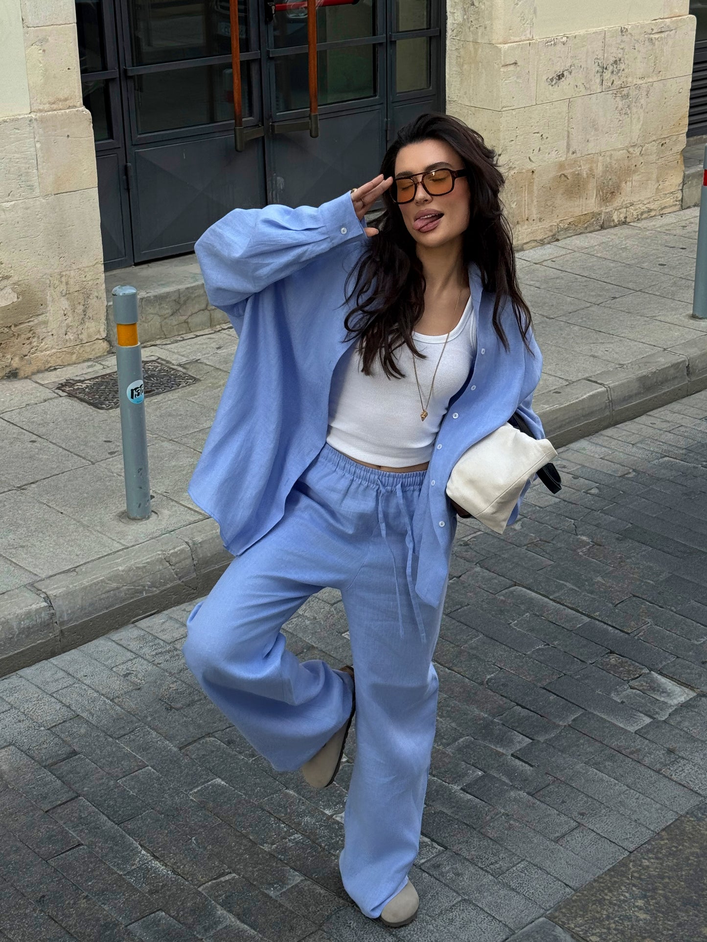 Linen pants set blue