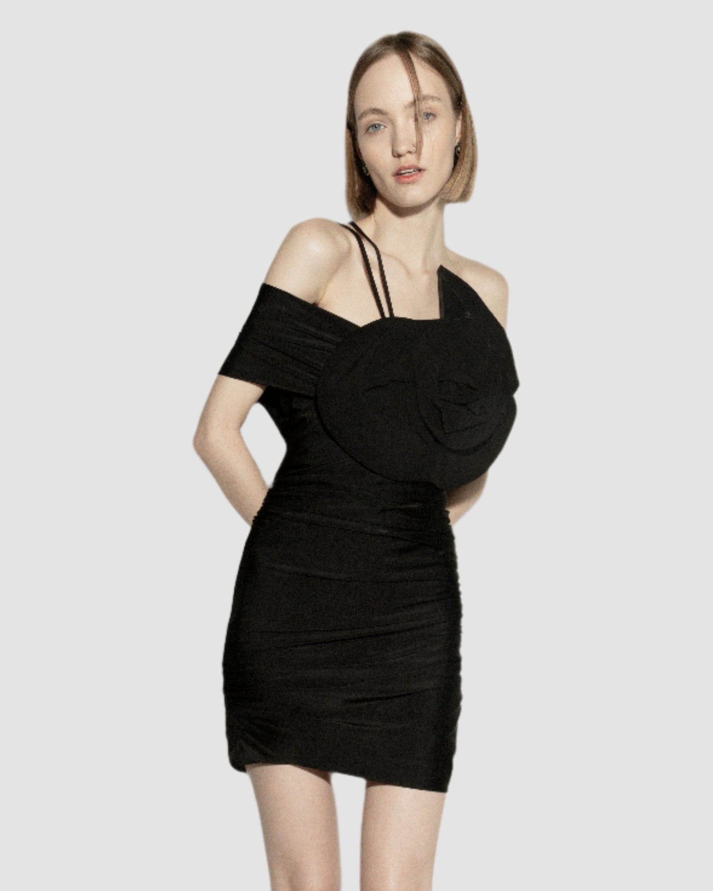 STRETCHED MINI DRESS WITH 3D FLOWER DECOR