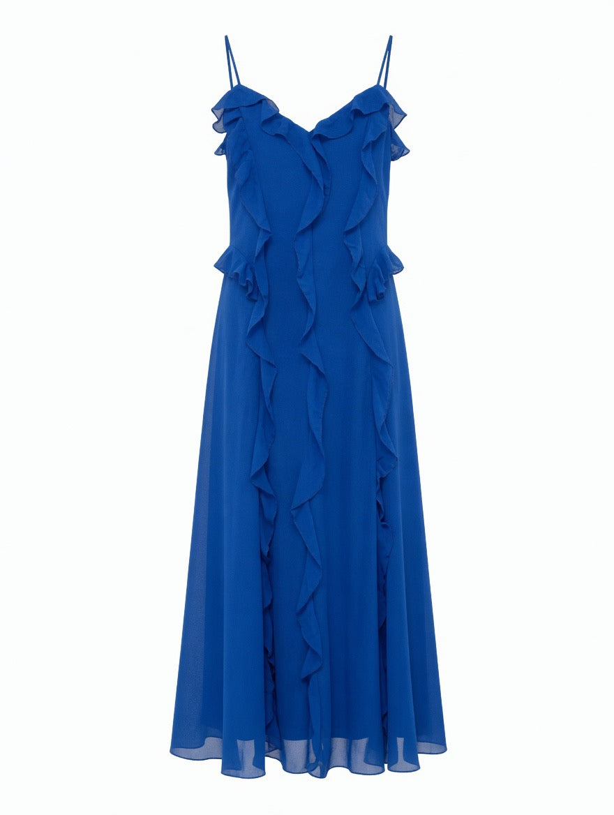 Ruffled Midi Navy Dress – Elegant Feminine Flowing Silhouette