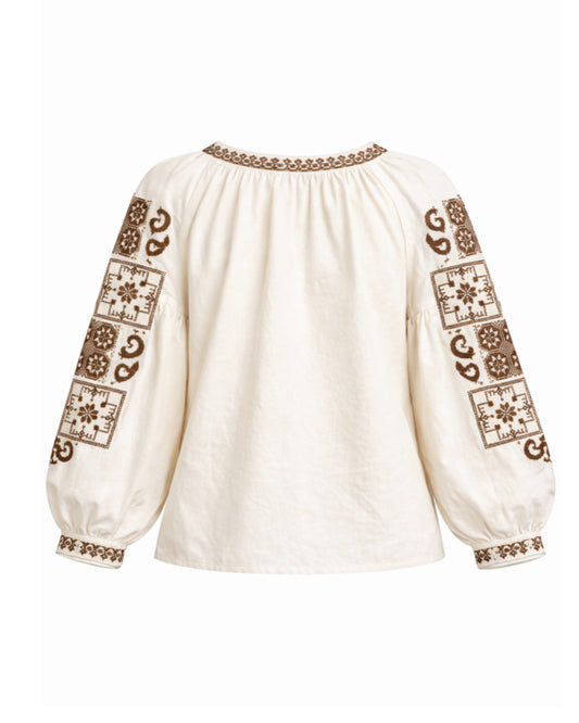 WOMEN'S EMBROIDERED LINEN BLOUSE WITH BROWN PATTERN