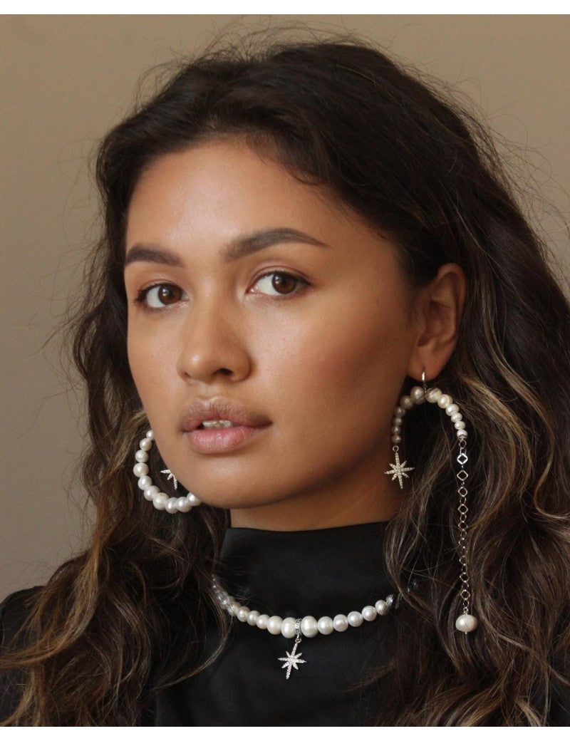 ASIMETRICAL "MORNING STAR" NATURAL PEARLS EARINGS SILVER