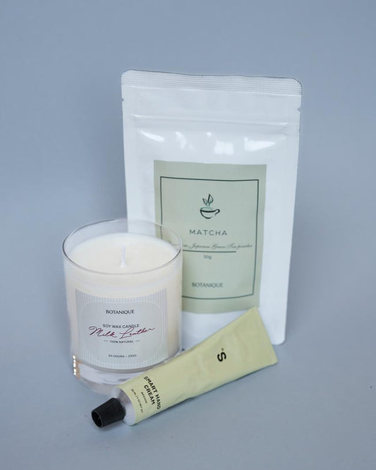 GIFT SET of BOTANIQUE Matcha 50g, Hand Cream 30ml & BOTANIQUE Candle Milk Leather