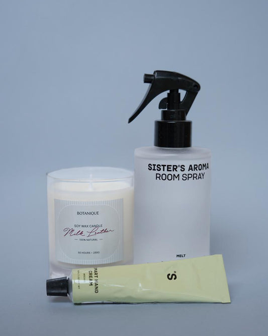 GIFT SET of Room Spray 295ml, Hand Cream 30ml & BOTANIQUE Candle Milk Leather