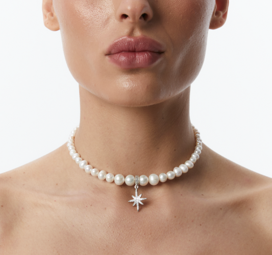 PEARLS CHOKER WITH "MORNING STAR" SILVER