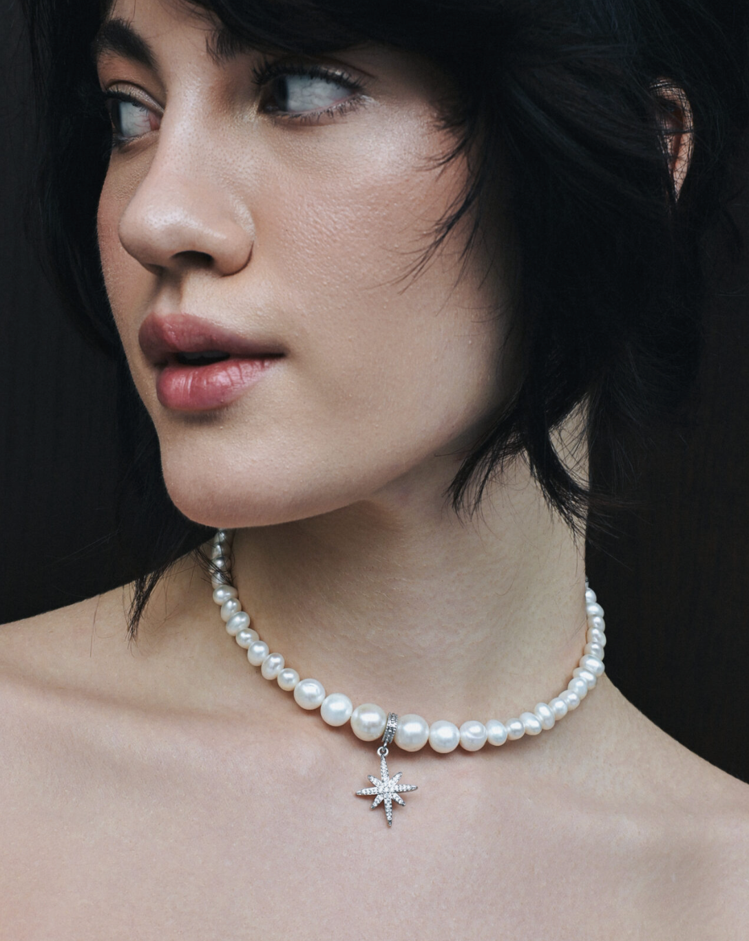 PEARLS CHOKER WITH "MORNING STAR" SILVER