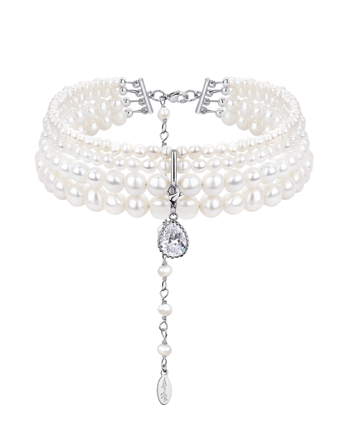 NATURAL PEARLS CHOKER WITH DROP CRYSTAL SILVER