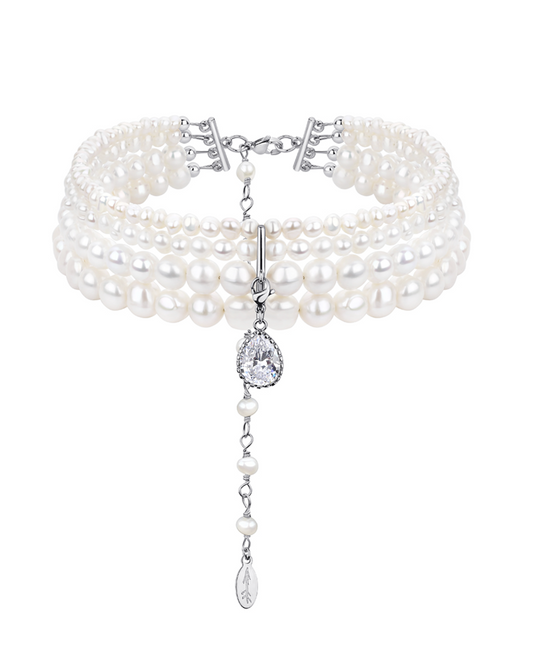 NATURAL PEARLS CHOKER WITH DROP CRYSTAL SILVER