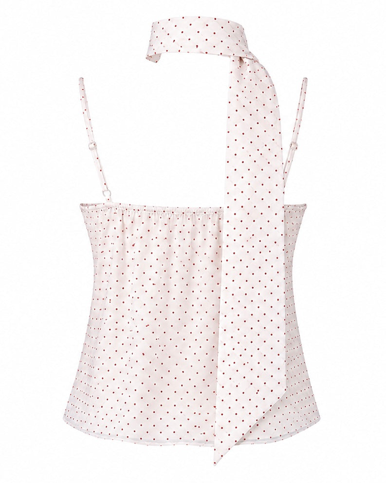 Polka Dot White Top with Scarf Detail – Women’s Printed Blouse with Neck Tie