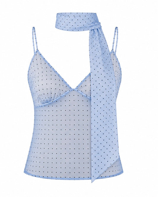 Polka Dot Top with Scarf Detail – Women’s Printed Blouse with Neck Tie