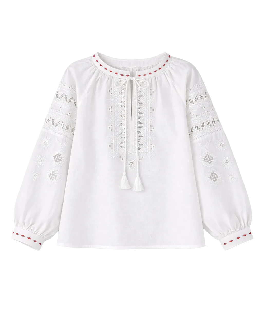 WOMEN’S EMBROIDERED COTTON BLOUSE WITH RED ACCENTS