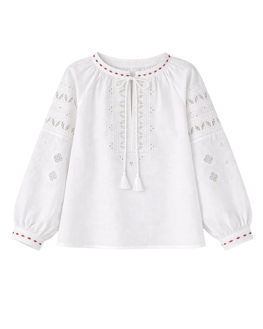 WOMEN’S EMBROIDERED COTTON BLOUSE WITH RED ACCENTS