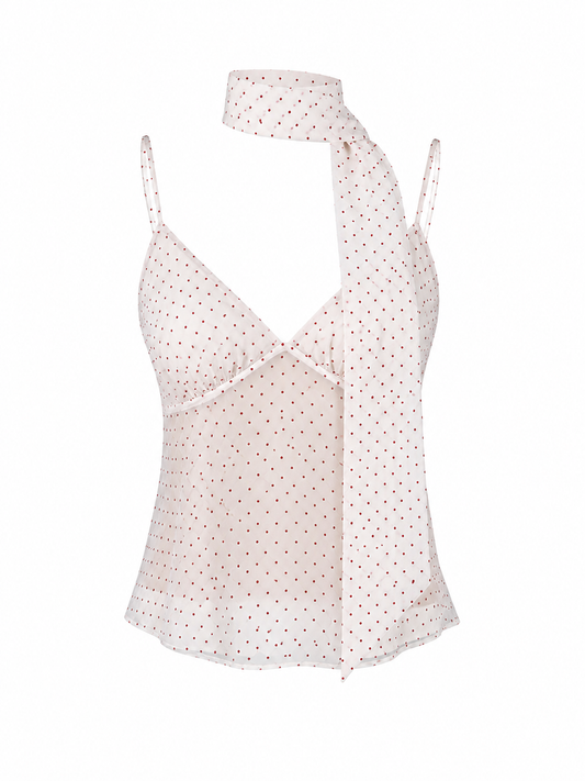 Polka Dot Top with Scarf Detail – Women’s Printed Blouse with Neck Tie