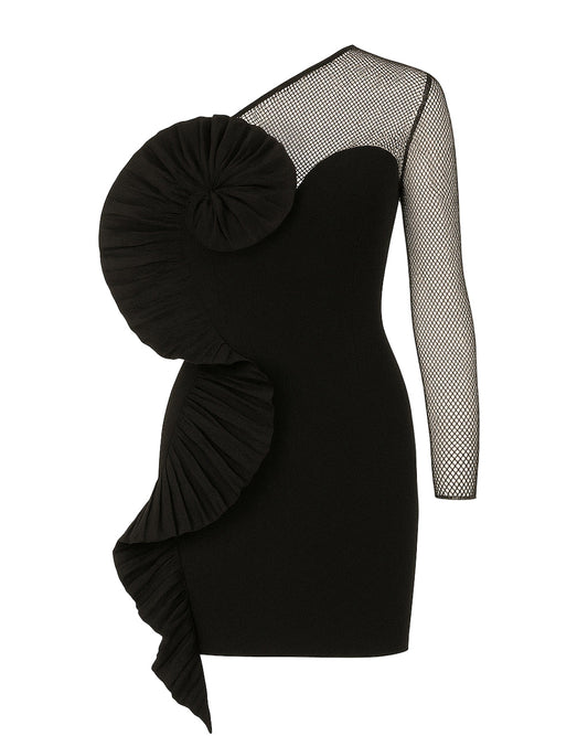 ONE SHOULDER MINI DRESS WITH PLEATED DECOR AND MESH DETAIL