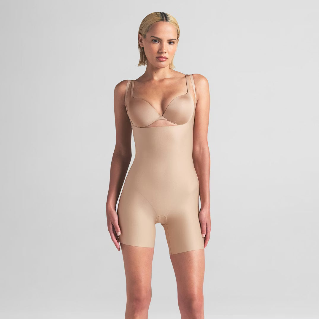 Sheer Sculpt Open-Bust Bodysuit — Clay