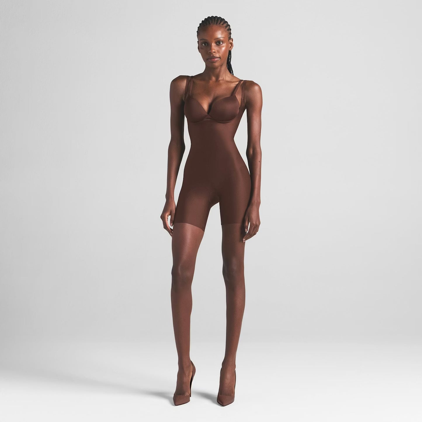 Sheer Sculpt Open-Bust Bodysuit — Cocoa