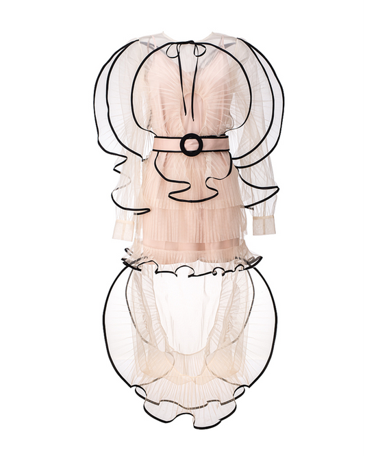 TULLE LONG DRESS WITH PLEATED DÉCOR CONTRAST