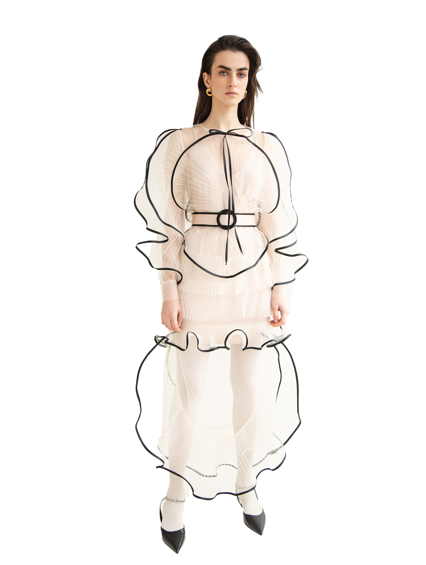 TULLE LONG DRESS WITH PLEATED DÉCOR CONTRAST