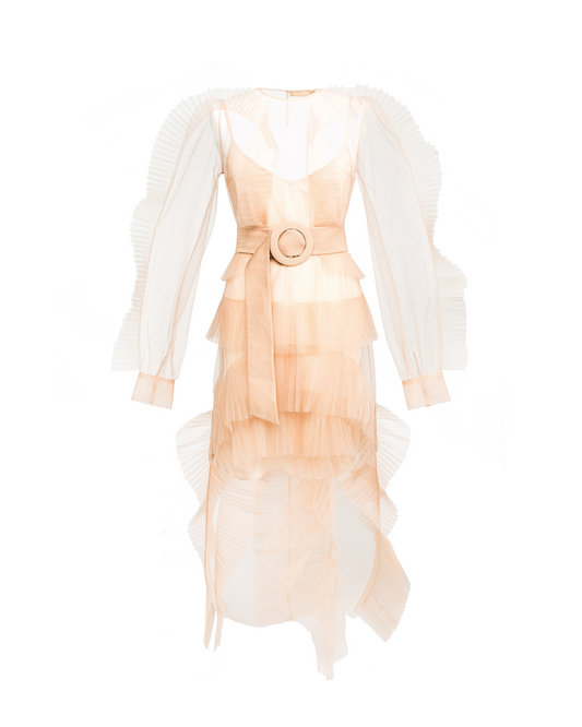 TULLE LONG DRESS WITH PLEATED DÉCOR NUDE