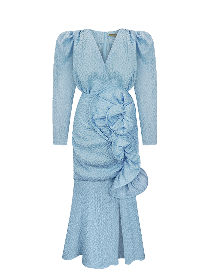 Midi Dress With Buffed Sleeves and Decor