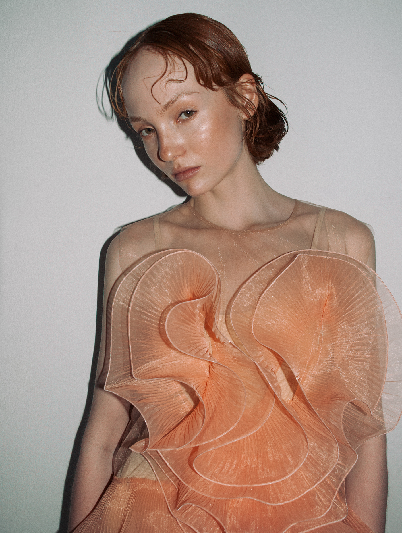 PEACH SHEER DRESS WITH PLEATED DETAIL