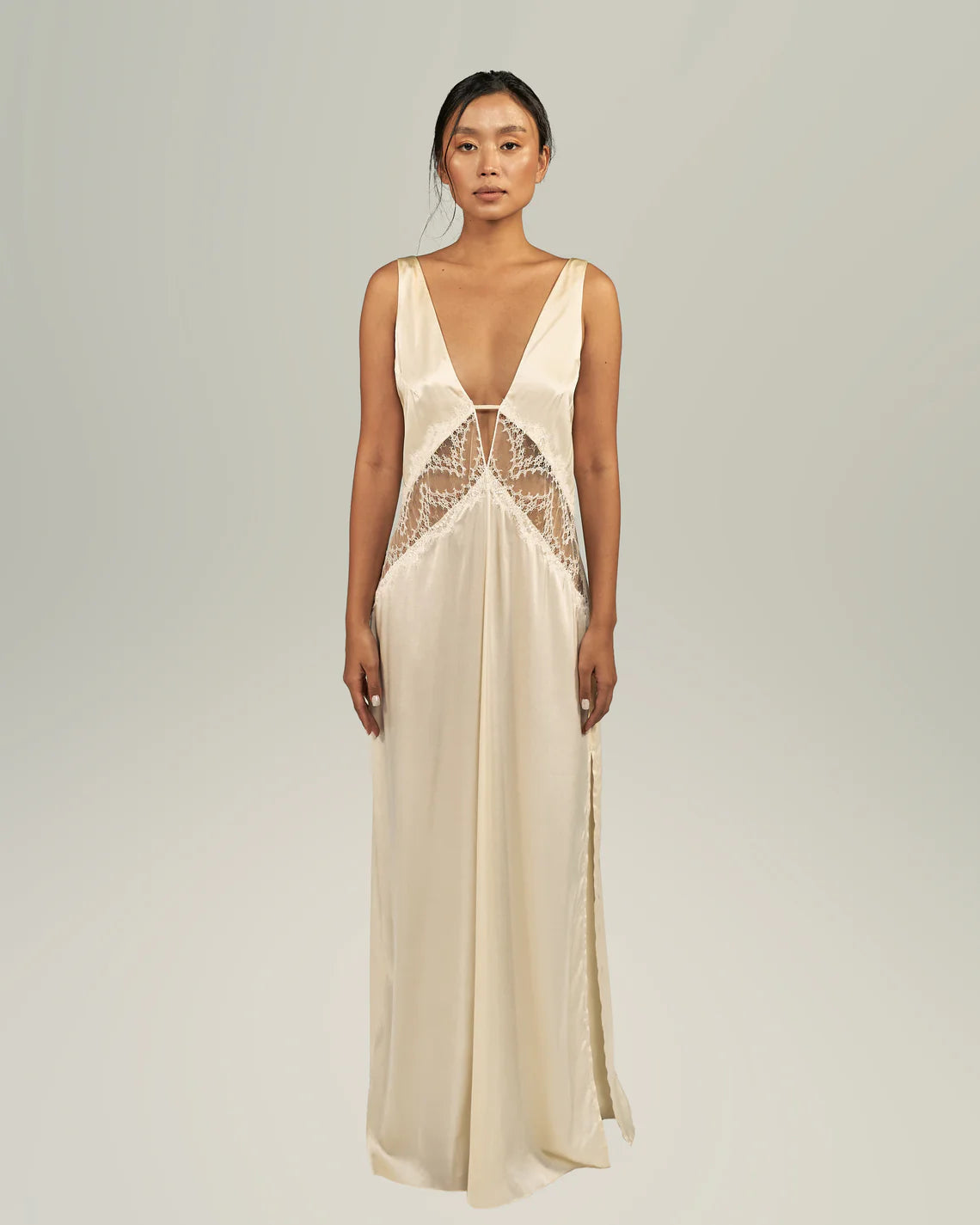 TEANA SILK-SATIN MAXI DRESS WITH CHANTILLY LACE