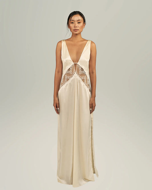 TEANA SILK-SATIN MAXI DRESS WITH CHANTILLY LACE