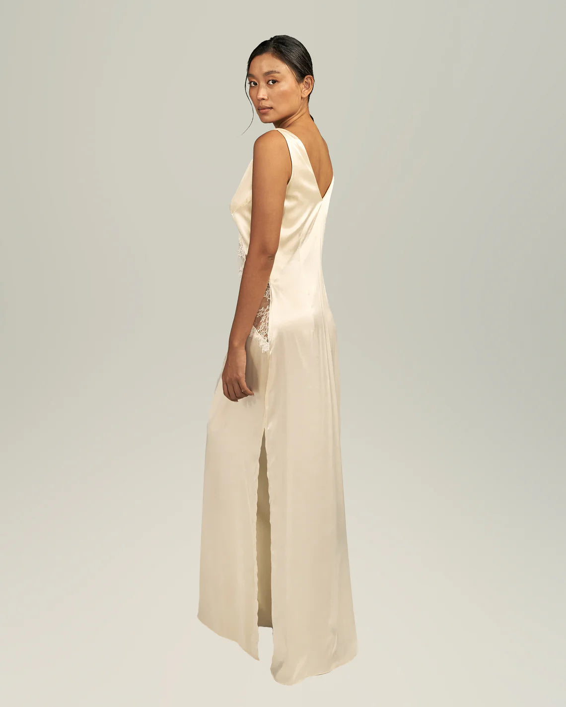 TEANA SILK-SATIN MAXI DRESS WITH CHANTILLY LACE