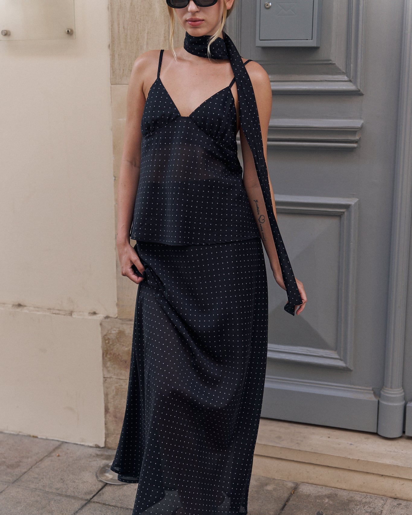 Polka Dot Black Top with Scarf Detail – Women’s Printed Blouse with Neck Tie