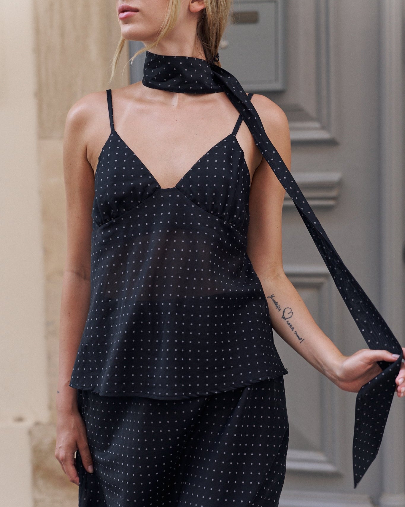 Polka Dot Black Top with Scarf Detail – Women’s Printed Blouse with Neck Tie