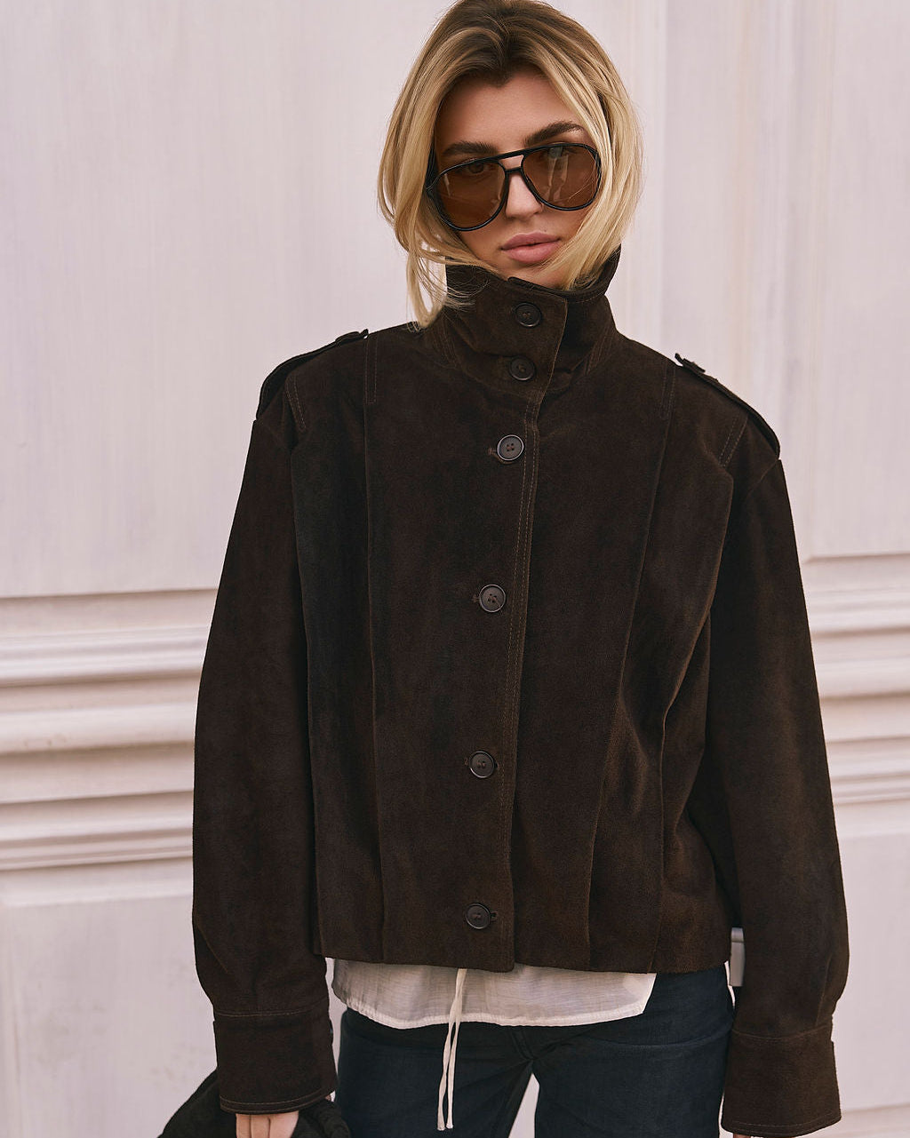 100% SUEDE LEATHER JACKET WITH STAND COLLAR