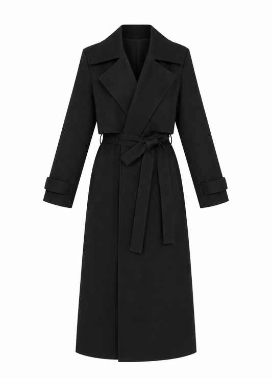 LONG BELTED TRENCH COAT BLACK