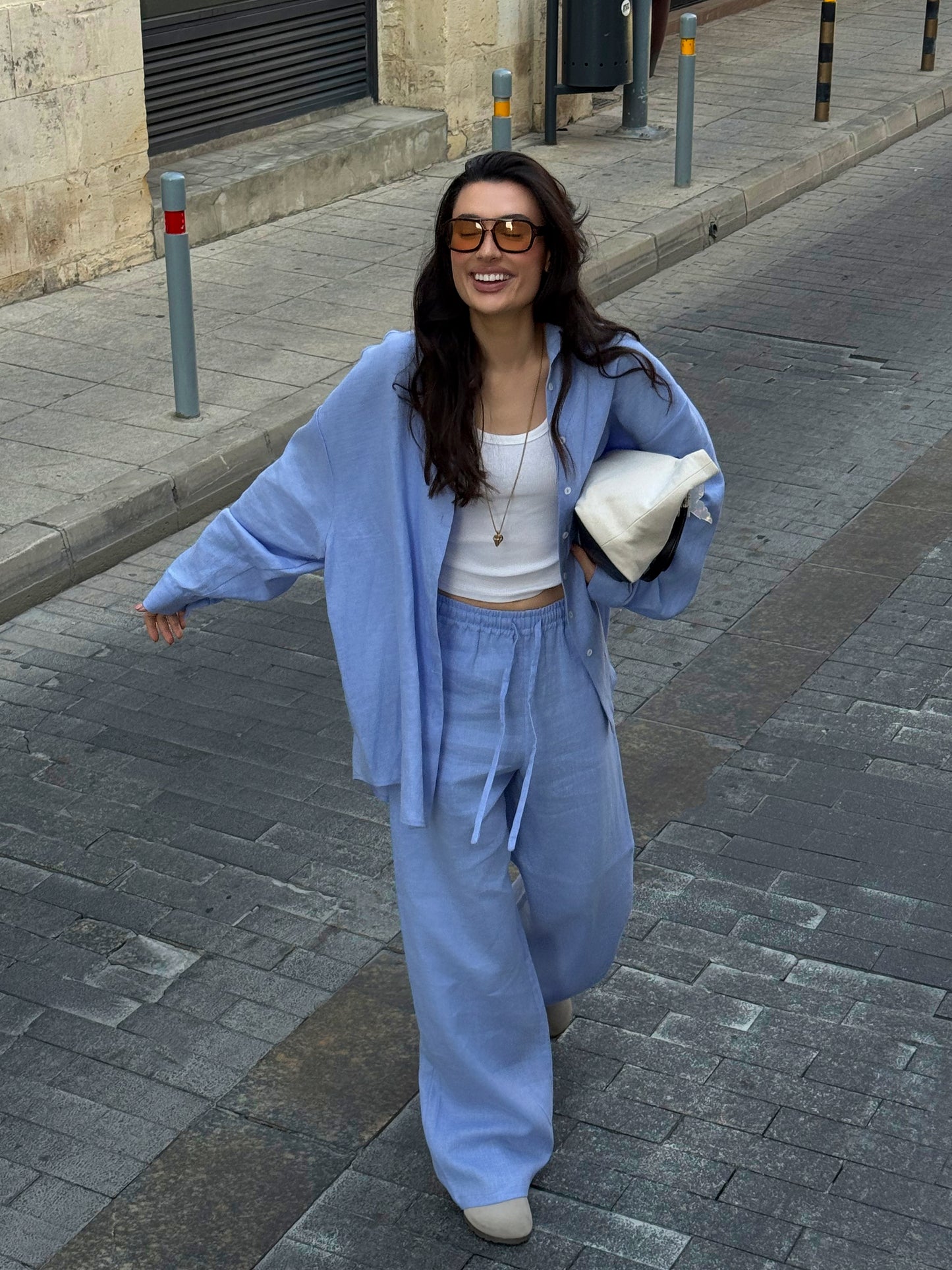 Linen pants set blue