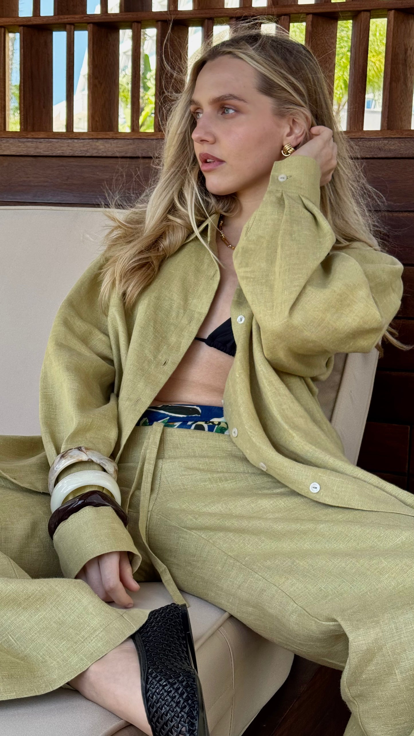 Linen pants sets olive