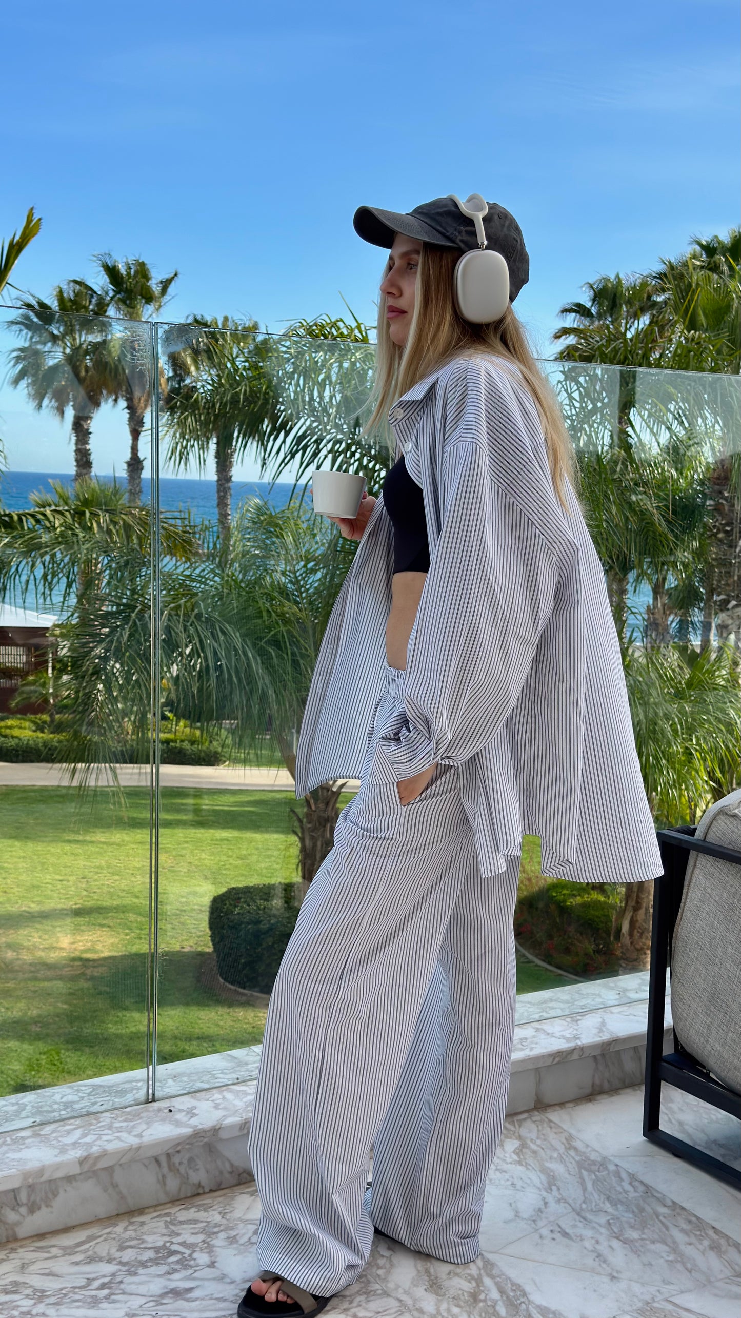 Stripped cotton pants set white/blue