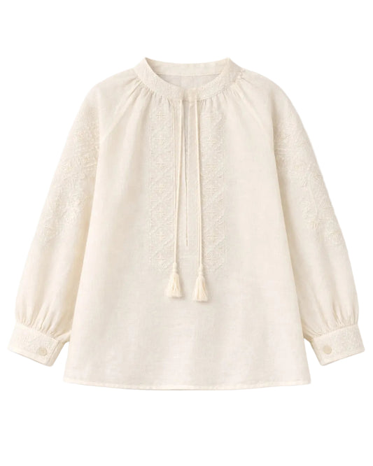 UNISEX EMBROIDERED LINEN BLOUSE WITH WHITE PATTERN