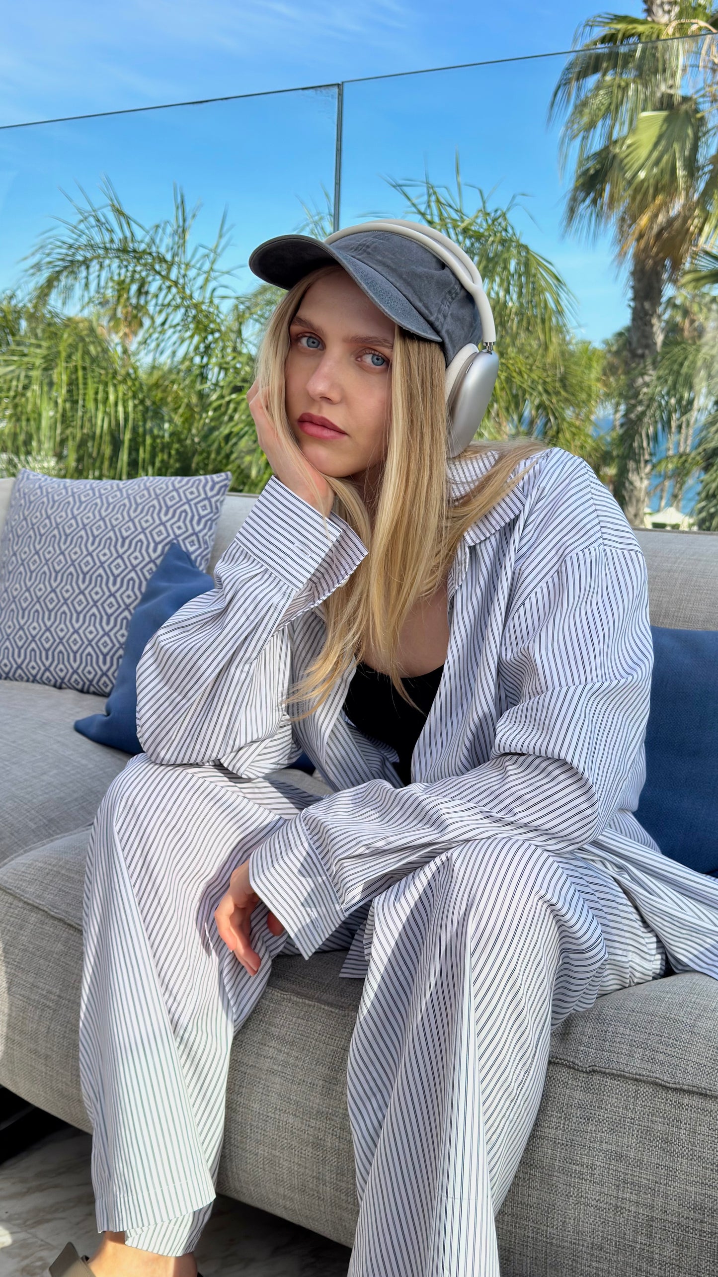 Stripped cotton pants set white/blue