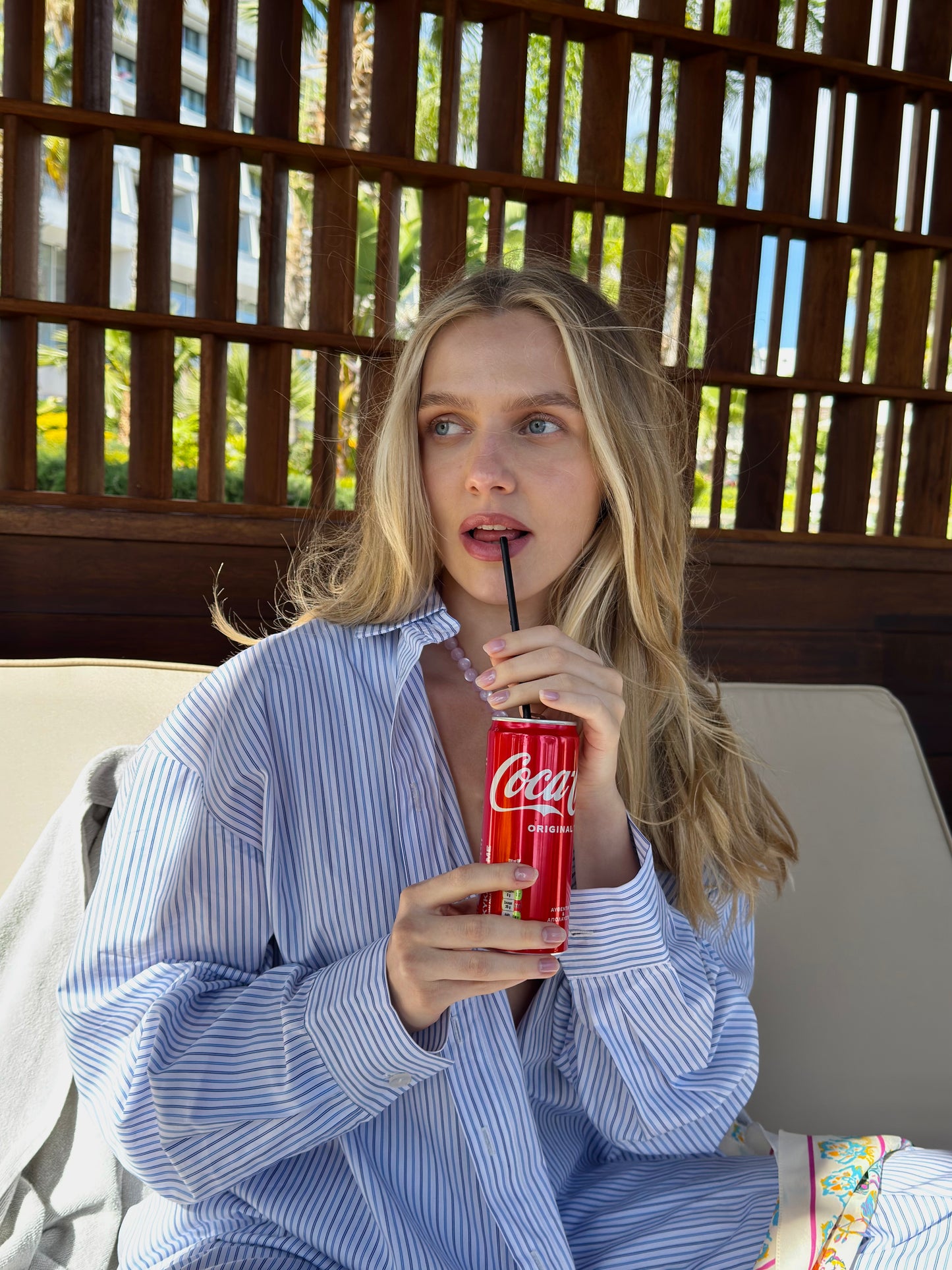 Stripped cotton pants set white/blue