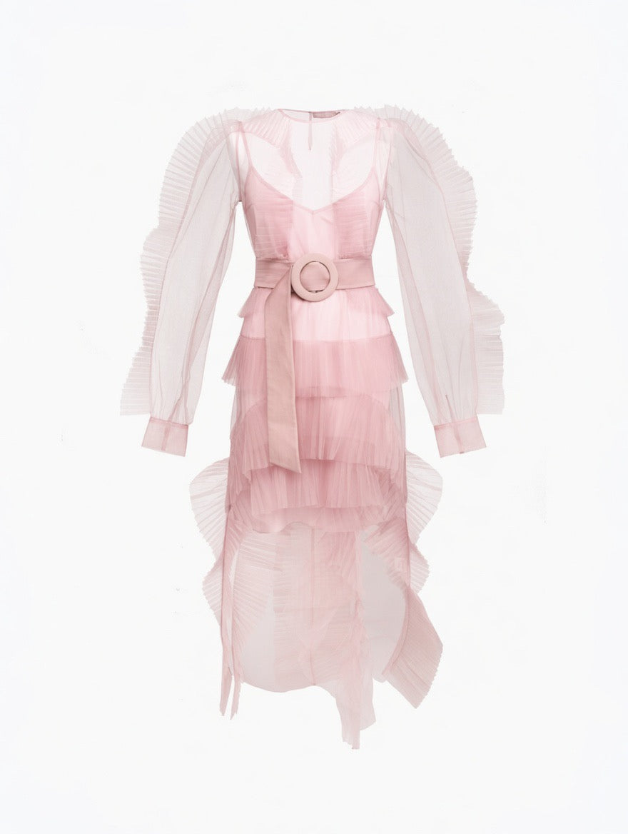 TULLE LONG DRESS WITH PLEATED DÉCOR PINK