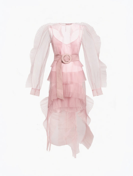 TULLE LONG DRESS WITH PLEATED DÉCOR PINK