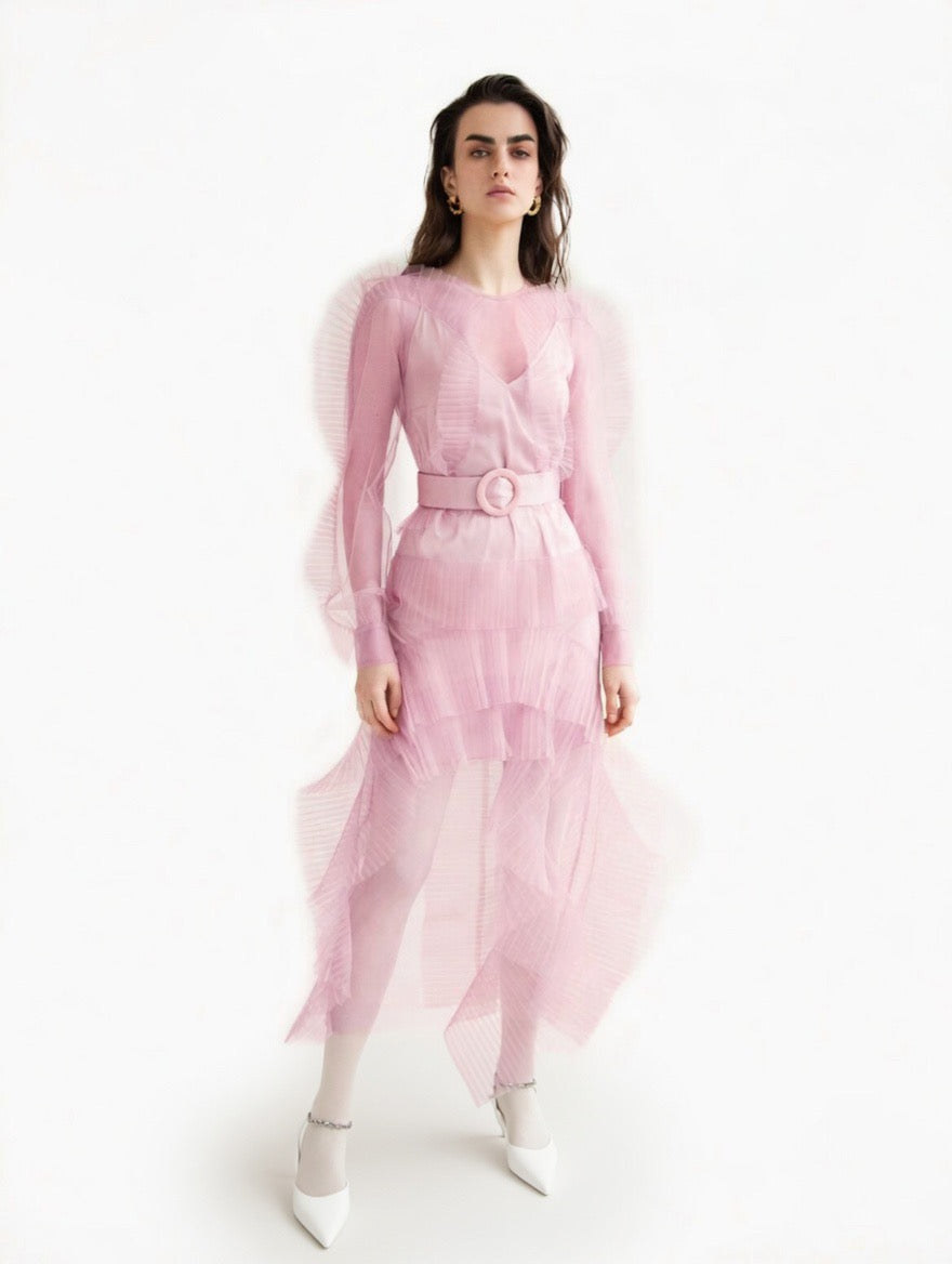 TULLE LONG DRESS WITH PLEATED DÉCOR PINK