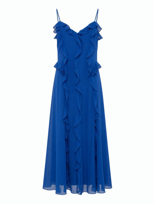 Ruffled Midi Navy Dress – Elegant Feminine Flowing Silhouette
