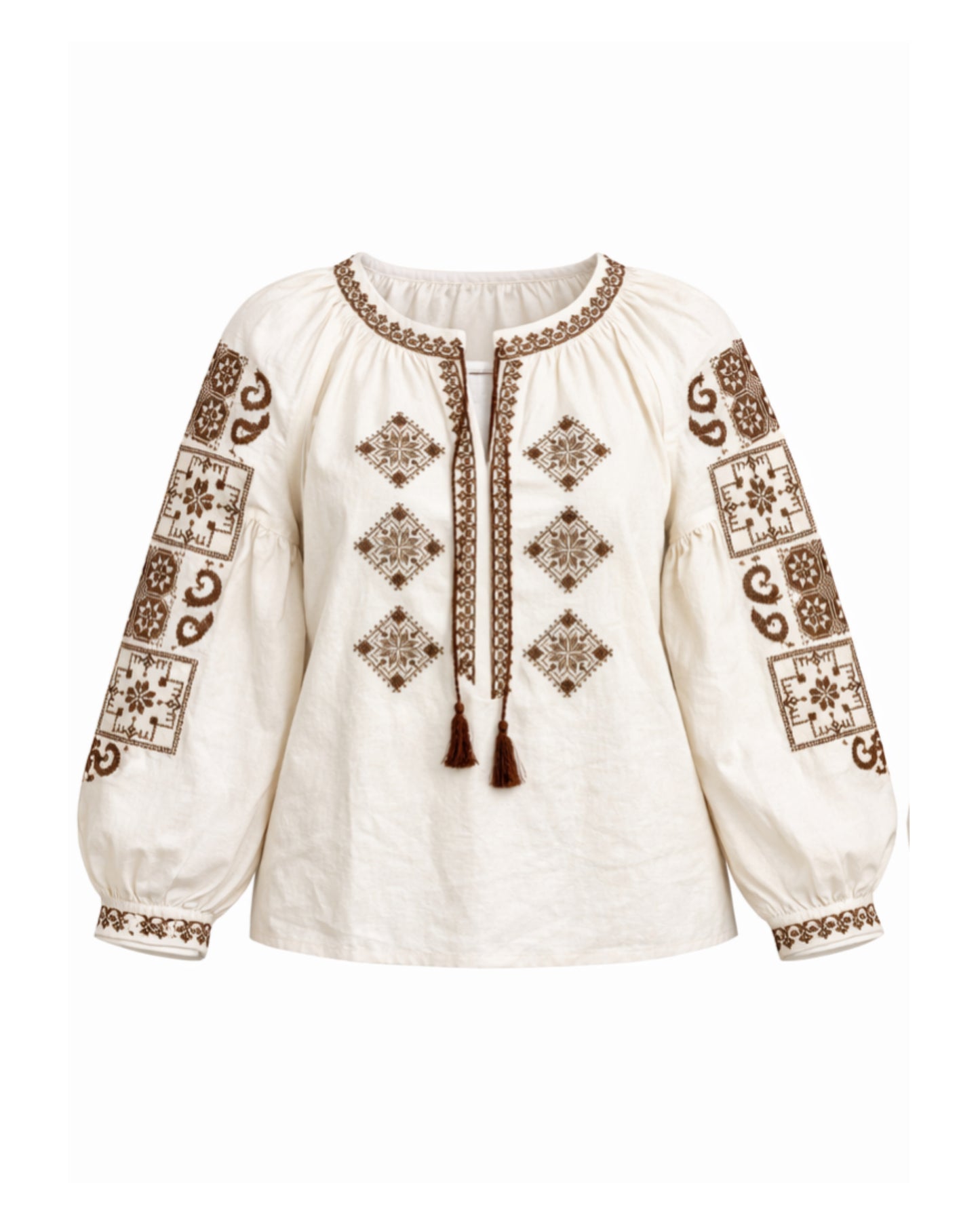 WOMEN'S EMBROIDERED LINEN BLOUSE WITH BROWN PATTERN