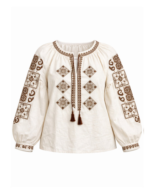 WOMEN'S EMBROIDERED LINEN BLOUSE WITH BROWN PATTERN