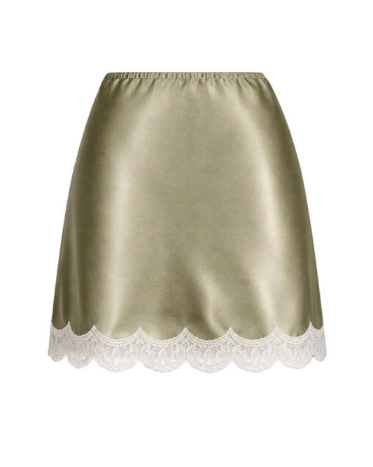 Olive Mini Silk Skirt with Chantilly Lace