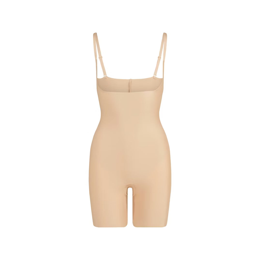 Sheer Sculpt Open-Bust Bodysuit — Clay