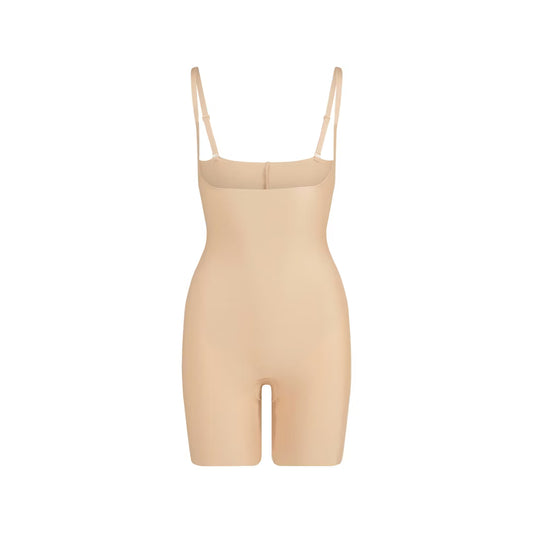 Sheer Sculpt Open-Bust Bodysuit — Clay